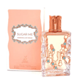 Maison Alhambra Sugar Me Marshmallow Dream — Pink box with ornate label and glass perfume bottle with rose gold cap and decorative dripping design with blue and white accents.