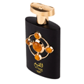 Lattafa Pride Al Qiam Gold — Black perfume bottle with gold cap and ornate gold and amber stone embellishment on the front.