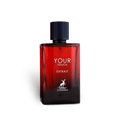 Maison Alhambra Your Touch Extrait — Red glass perfume bottle with a dark gradient, black ribbed cap, and white text 'YOUR TOUCH EXTRAIT' with a deer logo.
