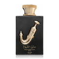 Lattafa Pride Ishq Al Shuyukh Gold — Black perfume bottle with gold ornate dagger emblem and gold cap, white background.