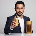 Maison Alhambra Glacier Gold by Maison Alhambra 100ml EDP — Man in a suit holding a gold-capped bottle with amber liquid, pointing forward.