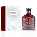 Maison Alhambra Victorioso Fearless — Red faceted glass perfume bottle with silver accents and black cap, next to its white and red geometric patterned box.