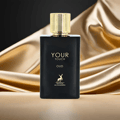 Maison Alhambra Your Touch Oud by Maison Alhambra 100ml EDP — Black rectangular bottle with gold cap, text 'YOUR TOUCH OUD' and a deer logo, set against draped golden silk fabric and a dark background.