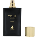 Maison Alhambra Your Touch Oud by Maison Alhambra 100ml EDP — Black perfume bottle with gold accents and cap off, showing the deer logo and text.