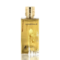 Maison Alhambra Minerale Gold by Maison Alhambra 100ml EDP — Tall rectangular gold bottle with textured metallic finish and a fluted gold cap, isolated on a white background.