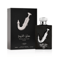 Lattafa Pride Ishq Al Shuyukh Silver EDP — Black box and bottle with silver dagger emblem, white background