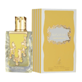 Maison Alhambra Sugar Me Creme Brulee — Rectangular glass perfume bottle with gold decorative accents and a gold cap, next to its yellow and white striped box.