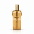 Maison Alhambra Glacier Gold by Maison Alhambra 100ml EDP — A golden perfume bottle with a gold cap, featuring vertical lines and a deer silhouette logo.