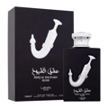 Lattafa Pride Ishq Al Shuyukh Silver — Black perfume box and bottle with silver dagger emblem and Arabic script