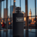 Maison Alhambra Yeah! Parfum Man by Maison Alhambra 100ml EDP — Black perfume bottle with a white label that says YEAH! PARFUM, set against a blurred city skyline at dusk.