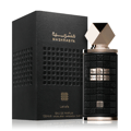 Lattafa Mashrabya by Lattafa 100ml EDP — Black textured box and bottle with gold accents, featuring intricate geometric patterns and Arabic script.