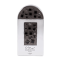 Lattafa Pride Maharjan Silver — Silver perfume bottle with a decorative metallic cap and front panel featuring an arrangement of black square gems and textured metallic squares.