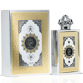 Lattafa Pride King of Arabia — Perfume bottle and its box, both featuring ornate gold and silver Arabic-inspired designs, with the bottle topped by a crown-shaped cap.
