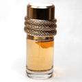 Lattafa Musamam Intense by Lattafa 100ml EDP — A tall, clear glass perfume bottle with golden liquid, featuring a gold cap wrapped in a textured, snake-like design. The brand name 'Musamam' and 'Lattafa' are visible on the bottle.