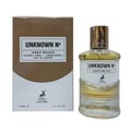 Maison Alhambra Unknown No Deep Woods — Box and bottle of amber-colored eau de parfum with gold cap, white label with deer logo, set against a white background.