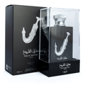 Lattafa Pride Ishq Al Shuyukh Silver by Lattafa Pride 100ml EDP — Black box and clear-cased perfume bottle with silver dagger emblem.
