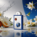 Lattafa Pride Art of Universe — Blue perfume bottle with celestial designs, featuring Earth and Mars, with white flowers and fruit slices in the foreground.