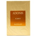 Rayhaan Adonis Icarus Rayhaan Perfume 100ml — A gold embossed box with a rectangular orange label featuring the text "ADONIS", "ICARUS", and "RAYHAAN" in gold lettering. | Rayhaan Adonis Icarus Rayhaan Perfume 100ml — Kotak bertekstur emas dengan label segi empat berwarna jingga yang memaparkan tulisan "ADONIS"