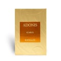 Rayhaan Adonis Icarus Perfume — A golden box with embossed patterns and a central square label with the text ADONIS, ICARUS, and RAYHAAN in orange and gold tones. | Rayhaan Adonis Icarus Perfume — Kotak emas dengan corak timbul dan label segi empat di tengah dengan teks ADONIS, ICARUS, dan RAYHAAN dalam warna jingga
