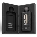 Afnan 9 PM Night Out Extrait de Parfum — Open black textured box revealing two dark perfume bottles, one with "9 pm Night Out" text and the other with scent notes listed. | Afnan 9 PM Night Out Extrait de Parfum — Kotak hitam bertekstur terbuka mendedahkan dua botol minyak wangi gelap, satu dengan teks "9 pm Night