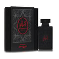 Zimaya Al Embratur Absolu Eau De Parfum — Black perfume box and bottle with intricate red Arabic calligraphy design on a white background. | Zimaya Al Embratur Absolu Eau De Parfum — Kotak dan botol minyak wangi hitam dengan reka bentuk kaligrafi Arab merah yang rumit di latar belakang putih.