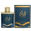 Ard Al Zaafaran Al Qannas Eau De Parfum 100ml — A dark blue glass perfume bottle with a gold cap sits next to its matching dark blue and gold box, both featuring Arabic calligraphy and wavy gold lines. | Ard Al Zaafaran Al Qannas Eau De Parfum 100ml — Botol kaca biru gelap dengan penutup emas duduk bersebelahan dengan