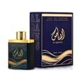 Ard Al Zaafaran Al Qannas Eau De Parfum 100ml — A dark teal glass perfume bottle with a gold cap and gold wave accents on the front, next to its matching dark blue box with gold Arabic calligraphy and text. | Ard Al Zaafaran Al Qannas Eau De Parfum 100ml — Botol kaca teal gelap dengan penutup emas dan aksen gelombang