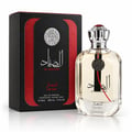 Ard Al Zaafaran Al Sayaad For Men EDP — Black textured box with red accents and silver emblem next to a clear glass perfume bottle with a silver crown-like cap and red accents.