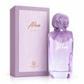Grandeur Alice 100ml EDP Women — Kotak ungu corak bunga timbul, teks emas 'Alice', sebelah botol kaca jernih, kolar & penutup beropol ungu, teks 'Alice'.