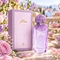 Grandeur Alice by Grandeur 100ml EDP Women — Kotak ungu dan botol kaca wangian dengan hiasan bunga dan makaron di atas permukaan marmar dengan latar belakang pemandangan.
