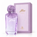Grandeur Alice by Grandeur 100ml EDP Wanita — Penutup dan kolar fabrik berlipat ungu pada botol minyak wangi kaca jernih, dengan kotak ungu sepadan berlampiran garisan timbul dan teks emas.