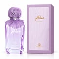 Grandeur Alice by Grandeur 100ml EDP Women — Botol minyak wangi kaca ungu berkerah kerinting dan penutup berlipat, bersebelahan kotak ungu sepadan dengan corak ombak timbul dan teks emas.