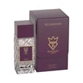 Bujairami Amber Eclipse by Bujairami 100ml Extrait — Clear faceted glass perfume bottle with a deep purple cap, next to its matching deep purple presentation box with gold lettering and logo.