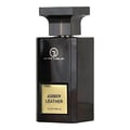 Grandeur Amber Leather 100ml by Grandeur Perfumes — A tall, rectangular, glossy black perfume bottle with a black cap, featuring a gold rectangular label with 'AMBER LEATHER' and 'EAU DE PARFUM' text. | Grandeur Amber Leather 100ml oleh Grandeur Perfumes — Botol minyak wangi segiempat tinggi, hitam berkilat dengan