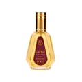 Ard Al Zaafaran Ameerat Al Arab Princess of Arabia 50ml — Botol kaca emas berbentuk unik dengan penutup emas berkilat. Label berwarna merah tua dengan tulisan emas.