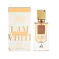 Lattafa Ana Abiyedh Poudree by Lattafa 60ml — A white box with gold accents and Arabic calligraphy sits next to a clear glass perfume bottle with a gold cap and a brown label. | Lattafa Ana Abiyedh Poudree by Lattafa 60ml — Kotak putih dengan aksen emas dan kaligrafi Arab duduk di sebelah botol minyak wangi kaca