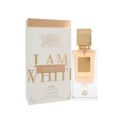 Lattafa Ana Abiyedh Poudree — A white perfume box with gold lettering and a clear glass perfume bottle with a gold cap and peachy liquid, displayed together on a white background. | Kotak minyak wangi putih Lattafa Ana Abiyedh Poudree dengan huruf emas dan botol minyak wangi kaca jernih dengan penutup emas dan cecair