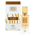 Lattafa Ana Abiyedh Poudree by Lattafa 60ml — A white perfume box with gold accents and Arabic calligraphy stands next to a clear glass perfume bottle with a gold cap and ornate gold detailing on the bottle. | Lattafa Ana Abiyedh Poudree by Lattafa 60ml — Kotak minyak wangi putih dengan aksen emas dan kaligrafi Arab