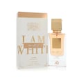 Lattafa Ana Abiyedh Poudree by Lattafa 60ml — A white perfume box with gold accents and lettering, next to a clear glass perfume bottle with a gold cap and a gold label. | Lattafa Ana Abiyedh Poudree by Lattafa 60ml — Kotak minyak wangi putih dengan aksen dan tulisan emas, bersebelahan dengan botol minyak wangi kaca
