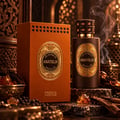 French Avenue Anatolia Absolus Les Extraits Unisex — Botol minyak wangi coklat dan kotak oren berlabel emas, dikelilingi rempah ratus dan kristal seperti amber di permukaan gelap, dengan latar belakang berhias.