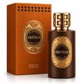 French Avenue Anatolia Absolus Les Extraits Unisex — Botol minyak wangi coklat dan kotak oren sepadan dengan label emas berhias dan permata ambar hiasan pada penutup dan kotak.