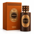 French Avenue Anatolia Absolus Les Extraits — Botol minyak wangi coklat dan kotak oren sepadan dengan label emas berhias dan penutup bertatah permata, di latar belakang putih.