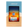 Armaf Beach Party Eau De Parfum 100ml — A box for Armaf Beach Party perfume, featuring a sunset beach scene with a perfume bottle illustration and wavy beach graphics on the sides. | Kotak untuk minyak wangi Armaf Beach Party, menampilkan pemandangan pantai matahari terbenam dengan ilustrasi botol minyak wangi dan