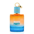 Armaf Beach Party Eau De Parfum — A gradient glass bottle with orange and blue hues, featuring the text 'BEACH PARTY' in white and blue. The cap is light blue with a gold accent and orange loop. | Armaf Beach Party Eau De Parfum — Botol kaca gradien dengan warna jingga dan biru, menampilkan teks 'BEACH PARTY' dalam