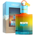 Armaf Beach Party Eau De Parfum 100ml — A gradient bottle with orange, yellow, and green hues, featuring 'BEACH PARTY' text in white and blue. The blue cap has an orange ring and a yellow pull tab. A matching box with a beach sunset scene is to the left. | Armaf Beach Party Eau De Parfum 100ml — Botol gradien dengan