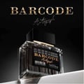 Paris Corner Autograph 100ml — A clear glass perfume bottle with a black cap and a black label featuring a barcode and gold text "BARCODE Autograph" against a dark gradient background. | Paris Corner Autograph 100ml — Botol minyak wangi kaca jernih dengan penutup hitam dan label hitam menampilkan kod bar dan teks emas