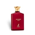 Maison Alhambra Avant Ruby Eau De Parfum 100ml — Botol kaca merah terang dengan penutup emas berukir, logo rusa emas dan tulisan 'AVANT RUBY' serta 'MAISON ALHAMBRA' di bahagian hadapan.
