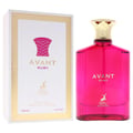 Maison Alhambra Avant Ruby Eau De Parfum 100ml — Botol wangian merah jambu terang berkilat dengan penutup emas bertekstur, diletakkan di sebelah kotak putih dengan reka bentuk emas dan logo.