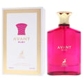 Maison Alhambra Avant Ruby Eau De Parfum 100ml — Botol kaca merah jambu terang dengan penutup emas bertekstur, diletakkan di sebelah kotak putih dengan reka bentuk emas dan logo rusa.
