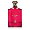 Maison Alhambra Avant Ruby Eau De Parfum 100ml — Botol kaca merah jambu terang dengan penutup emas bertekstur. Teks 'AVANT RUBY' dan logo rusa Maison Alhambra terpapar di hadapan.